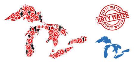Collage map of Great Lakes designed from covid infection elements and men icons. Dirty Water scratched seal. Black people icons and red covid-2019 icons. Dirty Water title inside round stamp.のイラスト素材