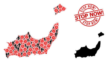 Mosaic map of Inagua Islands united from flu virus elements and population items. Stop Now! distress seal stamp. Black men elements and red flu virus items. Stop Now! title inside round seal.のイラスト素材