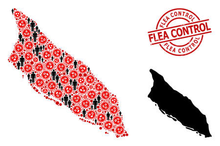 Collage map of Aruba Island constructed from sars virus elements and humans elements. Flea Control textured seal stamp. Black crowd items and red virus outbreak items.のイラスト素材