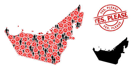 Mosaic map of United Arab Emirates constructed from flu virus icons and men icons. Yes, Please distress seal. Black crowd icons and red virus icons. Yes, Please phrase is inside round seal stamp.のイラスト素材