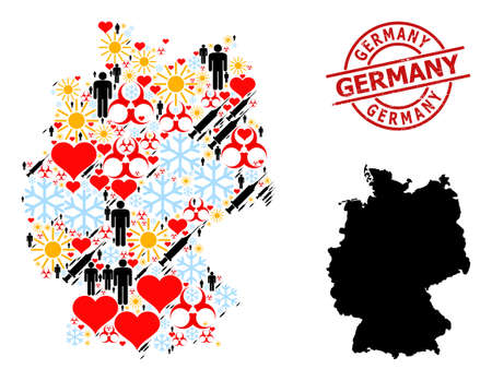Distress Germany stamp seal, and sunny men inoculation collage map of Germany. Red round stamp seal has Germany caption inside circle.のイラスト素材