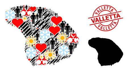 Textured Valletta stamp, and frost humans Covid-2019 treatment mosaic map of Lanai Island. Red round stamp seal includes Valletta tag inside circle.のイラスト素材