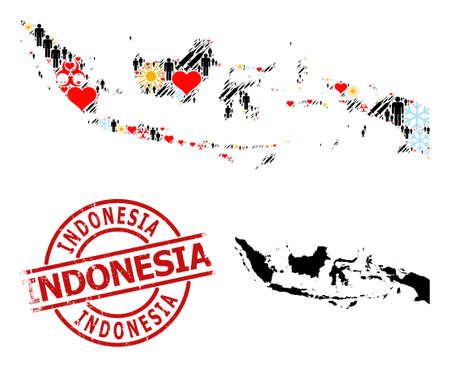 Scratched Indonesia stamp seal, and sunny customers inoculation mosaic map of Indonesia. Red round seal includes Indonesia tag inside circle.のイラスト素材