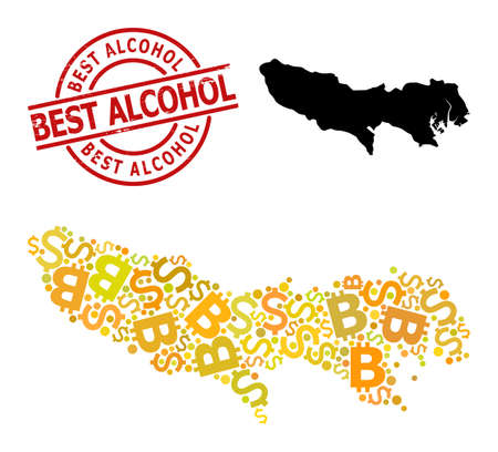 Rubber Best Alcohol stamp seal, and financial collage map of Tokyo Prefecture. Red round stamp seal has Best Alcohol caption inside circle. Map of Tokyo Prefecture collage is done with currency,のイラスト素材
