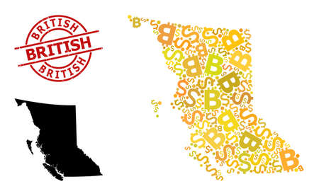 Grunge British stamp seal, and financial collage map of British Columbia Province. Red round stamp seal contains British text inside circle.のイラスト素材