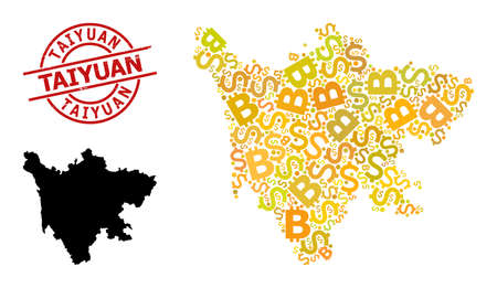 Textured Taiyuan badge, and money mosaic map of Sichuan Province. Red round stamp has Taiyuan title inside circle. Map of Sichuan Province mosaic is created of money, funding, Thailand Baht god items.のイラスト素材