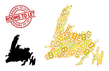 Distress Rooms to Let seal, and finance collage map of Newfoundland Island. Red round stamp seal has Rooms to Let caption inside circle. Map of Newfoundland Island collage is formed with finance,のイラスト素材