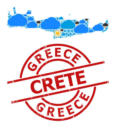 Climate collage map of Crete Island, and grunge red round stamp seal. Geographic vector collage map of Crete Island is constructed with scattered rain, cloud, sun, thunderstorm icons.のイラスト素材