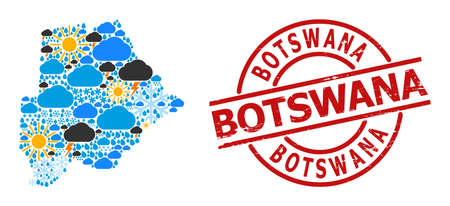 Climate collage map of Botswana, and rubber red round stamp seal. Geographic vector mosaic map of Botswana is organized from random rain, cloud, sun, thunderstorm.のイラスト素材