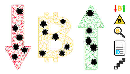 Mesh bitcoin volatility polygonal icon vector illustration, with black Covid nodes. Carcass model is created from bitcoin volatility flat icon, with covid elements and triangular mesh.のイラスト素材