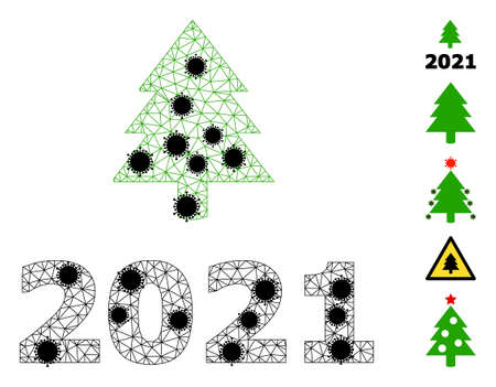 Mesh 2021 fir tree polygonal icon vector illustration, with black Covid elements. Carcass model is created from 2021 fir tree flat icon, with infectious nodes and polygonal mesh.のイラスト素材