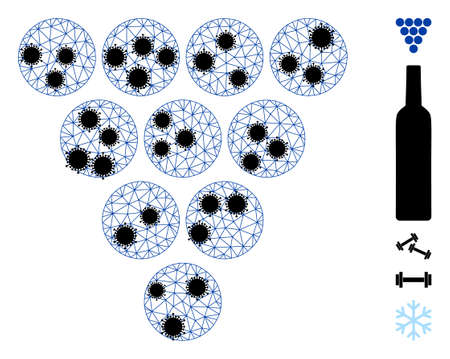 Mesh grapes polygonal icon vector illustration, with black infectious elements. Carcass model is based on grapes flat icon, with infectious nodes and triangle mesh.のイラスト素材