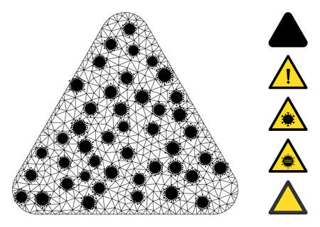 Mesh rounded triangle polygonal symbol vector illustration, with black Covid centers. Carcass model is created from rounded triangle flat icon, with virus centers and triangle mesh.のイラスト素材