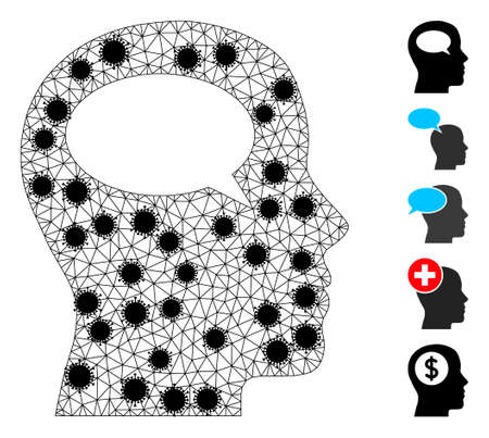 Mesh thinking polygonal icon vector illustration, with black Covid nodes. Carcass model is created from thinking flat icon, with covid nodes and triangular mesh.のイラスト素材
