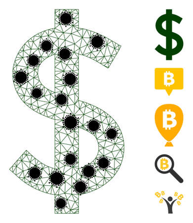 Mesh dollar polygonal icon vector illustration, with black coronavirus nodes. Carcass model is created from dollar flat icon, with coronavirus items and triangle net.のイラスト素材