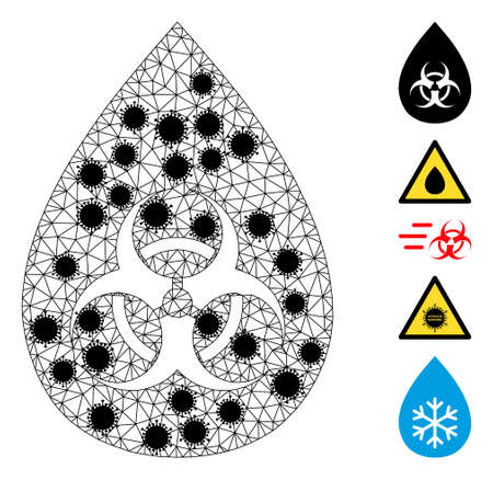 Mesh biohazard drop polygonal 2d vector illustration, with black Covid centers. Abstraction is based on biohazard drop flat icon, with covid centers and triangle net.のイラスト素材