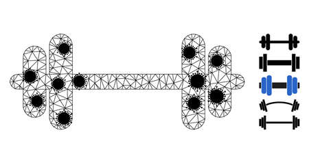 Mesh barbell polygonal symbol vector illustration, with black Covid centers. Carcass model is created from barbell flat icon, with infection centers and polygonal mesh.のイラスト素材