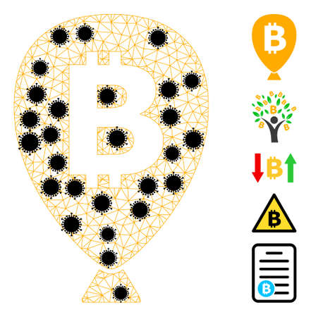 Mesh bitcoin balloon polygonal 2d vector illustration, with black infectious centers. Abstraction is created from bitcoin balloon flat icon, with coronavirus centers and triangle mesh.のイラスト素材