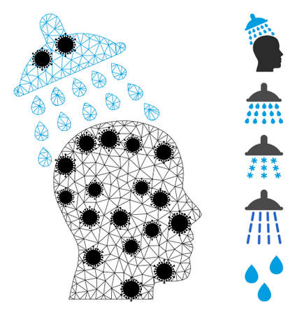 Mesh head shower polygonal icon vector illustration, with black Covid elements. Carcass model is based on head shower flat icon, with coronavirus elements and polygonal mesh.のイラスト素材