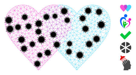 Mesh lovely hearts polygonal icon vector illustration, with black infectious elements. Carcass model is created from lovely hearts flat icon, with infectious items and triangular net.のイラスト素材
