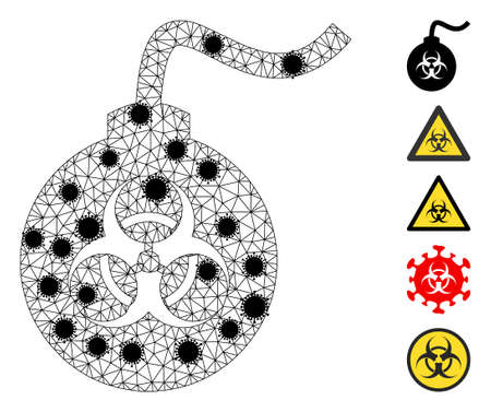 Mesh biohazard bomb polygonal icon vector illustration, with black infection nodes. Carcass model is based on biohazard bomb flat icon, with infection elements and polygonal mesh.のイラスト素材