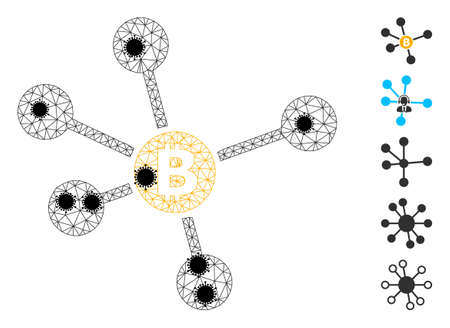 Mesh bitcoin links polygonal icon vector illustration, with black infection nodes. Carcass model is created from bitcoin links flat icon, with virus nodes and polygonal net.のイラスト素材