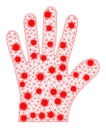 Mesh hand palm polygonal 2d vector illustration, with infection items. Carcass model is based on hand palm flat icon, with covid items and triangle net.のイラスト素材
