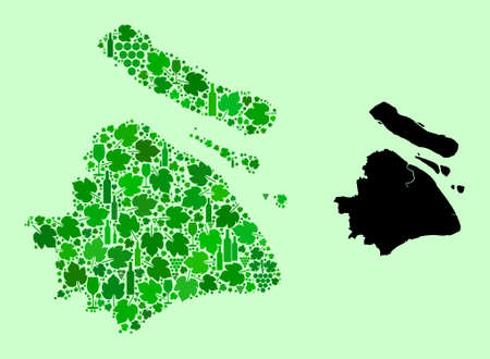 Vector Map of Shanghai Municipality. Collage of green grape leaves, wine bottles. Map of Shanghai Municipality collage formed with bottles, berries, green leaves.のイラスト素材