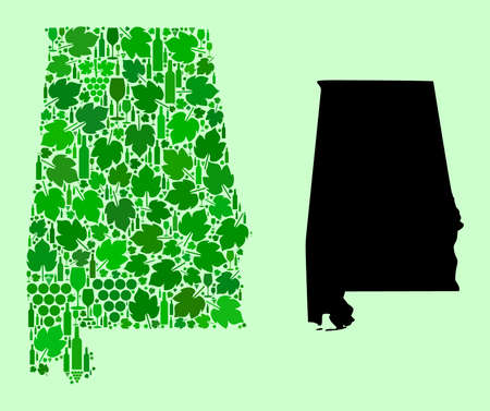 Vector Map of Alabama State. Mosaic of green grapes, wine bottles. Map of Alabama State mosaic formed from bottles, grapes, green leaves. Abstract mosaic is useful for alcohol shops agitprop.のイラスト素材