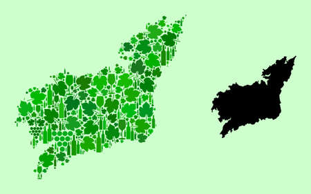 Vector Map of La Coruna Province. Collage of green grapes, wine bottles. Map of La Coruna Province collage formed with bottles, grapes, green leaves. Abstract collage designed for marketing collages.のイラスト素材