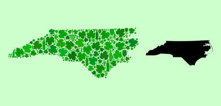 Vector Map of North Carolina State. Combination of green grape leaves, wine bottles. Map of North Carolina State mosaic designed from bottles, berries, green leaves.のイラスト素材