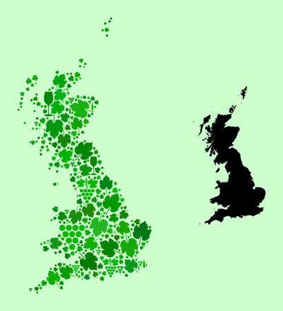 Vector Map of Great Britain. Mosaic of green grape leaves, wine bottles. Map of Great Britain mosaic formed with bottles, grapes, green leaves. Abstract mosaic is designed for political illustrations.のイラスト素材