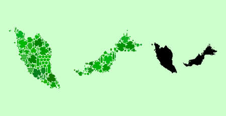 Vector Map of Malaysia. Collage of green grape leaves, wine bottles. Map of Malaysia collage formed with bottles, grapes, green leaves. Abstract collage designed for marketing proclamations.のイラスト素材