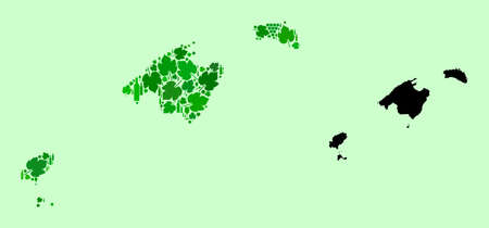 Vector Map of Baleares Province. Composition of green grape leaves, wine bottles. Map of Baleares Province mosaic composed with bottles, berries, green leaves.のイラスト素材