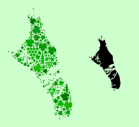 Vector Map of Bahamas - Andros Island. Composition of green grape leaves, wine bottles. Map of Bahamas - Andros Island collage designed with bottles, berries, green leaves.のイラスト素材