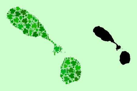 Vector Map of Saint Kitts and Nevis. Collage of green grape leaves, wine bottles. Map of Saint Kitts and Nevis mosaic designed with bottles, berries, green leaves.のイラスト素材
