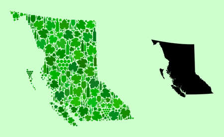 Vector Map of British Columbia Province. Collage of green grapes, wine bottles. Map of British Columbia Province mosaic created from bottles, grapes, green leaves.のイラスト素材