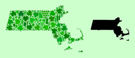 Vector Map of Massachusetts State. Collage of green grapes, wine bottles. Map of Massachusetts State collage designed from bottles, grapes, green leaves.のイラスト素材