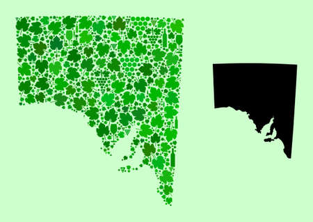 Vector Map of South Australia. Collage of green grape leaves, wine bottles. Map of South Australia collage created from bottles, berries, green leaves.のイラスト素材
