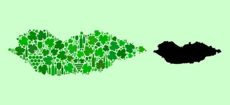 Vector Map of Socotra Island. Collage of green grape leaves, wine bottles. Map of Socotra Island collage designed with bottles, grapes, green leaves.のイラスト素材