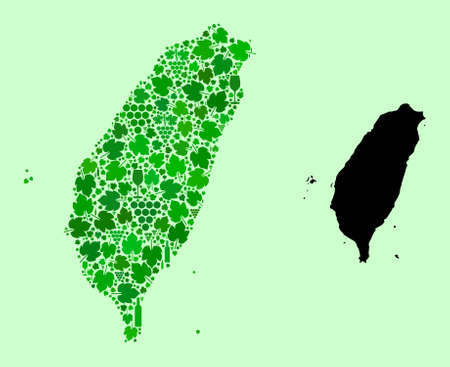 Vector Map of Taiwan. Composition of green grape leaves, wine bottles. Map of Taiwan mosaic designed from bottles, berries, green leaves. Abstract mosaic is designed for advertising agitation.のイラスト素材