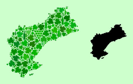 Vector Map of Tarragona Province. Combination of green grape leaves, wine bottles. Map of Tarragona Province mosaic composed with bottles, berries, green leaves.のイラスト素材