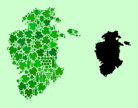 Vector Map of Burgos Province. Composition of green grape leaves, wine bottles. Map of Burgos Province collage designed with bottles, berries, green leaves.のイラスト素材