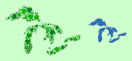Vector Map of Great Lakes. Composition of green grape leaves, wine bottles. Map of Great Lakes mosaic designed with bottles, grapes, green leaves. Abstract mosaic designed for political projects.のイラスト素材