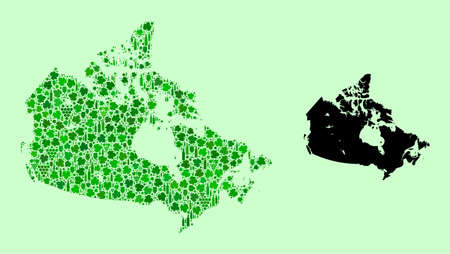 Vector Map of Canada. Collage of green grape leaves, wine bottles. Map of Canada collage formed from bottles, berries, green leaves. Abstract collage is useful for wine production purposes.のイラスト素材