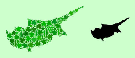 Vector Map of Cyprus Island. Collage of green grapes, wine bottles. Map of Cyprus Island mosaic designed with bottles, grapes, green leaves. Abstract collage useful for wine production collages.のイラスト素材