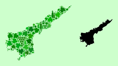 Vector Map of Andhra Pradesh State. Mosaic of green grape leaves, wine bottles. Map of Andhra Pradesh State mosaic designed with bottles, grapes, green leaves.のイラスト素材