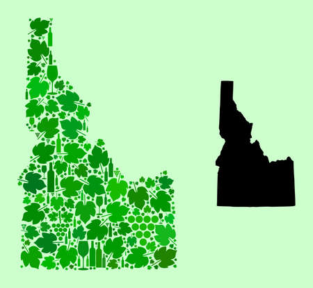 Vector Map of Idaho State. Collage of green grape leaves, wine bottles. Map of Idaho State collage designed from bottles, berries, green leaves. Abstract collage is designed for marketing promotion.のイラスト素材