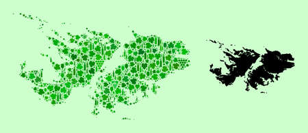 Vector Map of Falkland Islands. Composition of green grape leaves, wine bottles. Map of Falkland Islands mosaic designed with bottles, grapes, green leaves.のイラスト素材