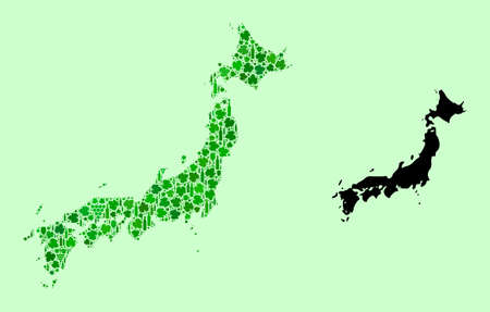 Vector Map of Japan. Composition of green grapes, wine bottles. Map of Japan mosaic designed with bottles, grapes, green leaves. Abstract mosaic designed for advertising agitprop.のイラスト素材